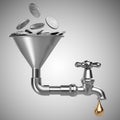 Steel funnel with pile silver coins and faucet and drop.