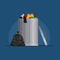 Steel garbage bin full of trash. Trash can with rubbish isolated on blue background. Wheelie bin and trash bag. Scene