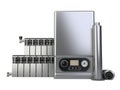 Steel gas boiler, heater radiator set and chimney pipe for house - front view. Heating system