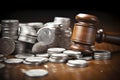 steel gavel resting atop a pile of freshly minted coins