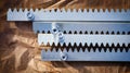 Steel gear racks, top view. Accessories of automatic cantilever sliding gate