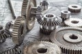 Steel gear and reducer, engineering details. Metal cogwheels.
