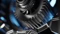 Steel gears from an engine gearbox, close up. High performance engines, concept. Digital 3D rendering