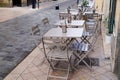 Steel gray chairs on cafe outdoor restaurant cafe and metal tables grey metalic silver terrace