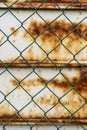 Steel green fence mesh chain link and old rusty metal wall in blur on the background Royalty Free Stock Photo