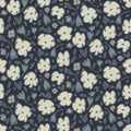 Steel Grey Naive Daisy Bloom Seamless Pattern. Hand Drawn Tossed Floral background. Neutral muted tones. Moody Ditsy Winter Style