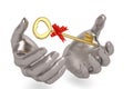 Steel hands and gold key,3D illustration.