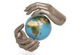 Steel hands keeping holding or protecting globe,3D illustration.