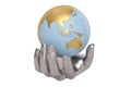 Steel hands keeping holding or protecting globe,3D illustration.