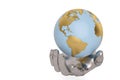 Steel hands keeping holding or protecting globe,3D illustration.