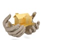 Steel hands keeping holding or protecting gold house,3D illustration.