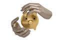 Steel hands protecting piggy bank,3D illustration.