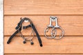 Steel horse snaffle-bit and spurs hanging on wooden background