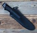Steel hunting knife in leather sheath