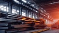 Steel in industrial warehouse, beam, pipe, steel plate