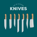 Steel kitchen household cutlery Set. Kitchen Knives Vector illustration.