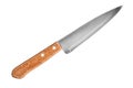 Steel knife with brown wooden handle on white background isolated close up, big chef knife, sharp stainless blade, metal knife