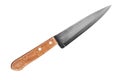 Steel knife with brown wooden handle on white background isolated close up, big chef knife, sharp stainless blade, metal knife