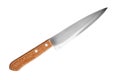 Steel knife with brown wooden handle on white background isolated close up, big chef knife, sharp stainless blade, metal knife