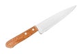 Steel knife with brown wooden handle on white background isolated close up, big chef knife, sharp stainless blade, metal knife