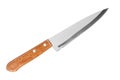 Steel knife with brown wooden handle on white background isolated close up, big chef knife, sharp stainless blade, metal knife