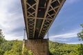 The steel lattice structure of the railway bridge viewed from below against the blue sky. Royalty Free Stock Photo