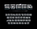 Steel letters and numbers set. Polished metal texture, square maze style vector latin alphabet. Font for events