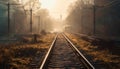 Steel locomotive speeds through vanishing point fog generated by AI