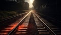 Steel locomotive speeds through vanishing point on railroad track journey generated by AI