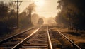 Steel locomotive speeds through vanishing point sunset generated by AI