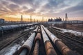 steel long pipes in crude oil factory during sunset Royalty Free Stock Photo