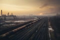 steel long pipes in crude oil factory during sunset Royalty Free Stock Photo