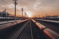 steel long pipes in crude oil factory during sunset Royalty Free Stock Photo