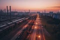 steel long pipes in crude oil factory during sunset Royalty Free Stock Photo