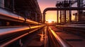 Steel long pipes in crude oil factory during sunset. Generative Ai Royalty Free Stock Photo