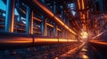 Steel long pipes in crude oil factory during sunset. Generative Ai Royalty Free Stock Photo