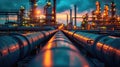 Steel long pipes in crude oil factory during sunset Royalty Free Stock Photo