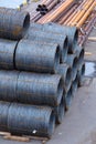 Steel low carbon wire rod, hot rolled steel drawing wire twelve millimeters or half an inch in diameter in coils. Freight Royalty Free Stock Photo
