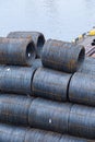 Steel low carbon wire rod, hot rolled steel drawing wire twelve millimeters or half an inch in diameter in coils. Freight Royalty Free Stock Photo