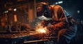Steel manufacturing safety metal factory working welder men industrial welding spark Royalty Free Stock Photo