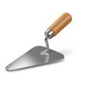 A steel masonry trowel with a triangular blade and a wooden handle. The blade is metallic and flat, Royalty Free Stock Photo