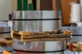 Steel metal roll coils in metal factory workshop Royalty Free Stock Photo