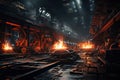 Steel mill interior, fire in foundry of metallurgical plant. Inside dark iron cast factory. Theme of industry, production, molten