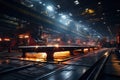 Steel mill interior, fire and sparks in rolling shop of metallurgical plant. Inside dark iron cast factory. Theme of industry,