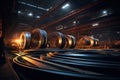 Steel mill interior, sheet rolls stored in warehouse of metallurgical plant. Metal production inside storage of iron cast factory