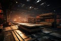 Steel mill interior, stacks of metal production in warehouse of metallurgical plant. Inside dark large storage of iron cast