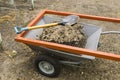 Steel modern cart, sieve for ground and metal shovel