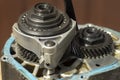 Steel modes and gears in a manual gearbox. Car gearbox with the housing unscrewed. Royalty Free Stock Photo