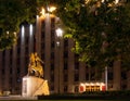 Steel monument of Cossack horseman adorns Krasnodar city square in front of administration building as symbol of historical and