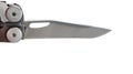 A steel multi-tool with an open knife blade lies on a white background. Pocket open folding knife. Portable multitasking